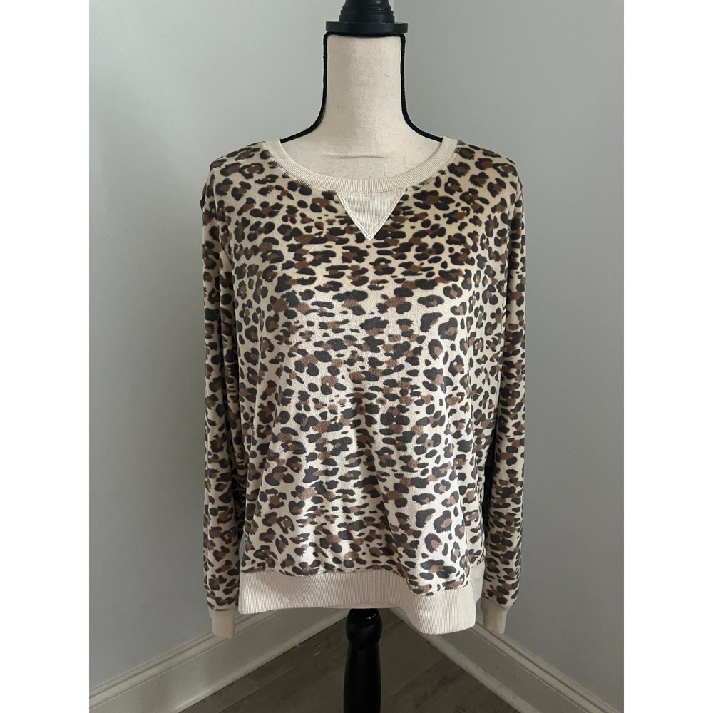 Leopard Print Fleece Sweatshirt Large Tan Brown Softcore Preppy Chic Pullover